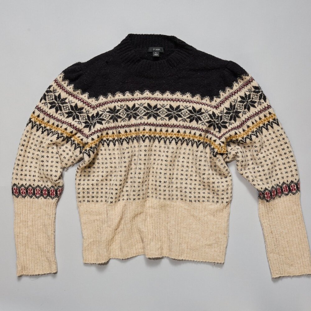 J CREW FAIR ISLE PUFF SLEEVE CREWNECK SWEATER IN SUPERSOFT YARN